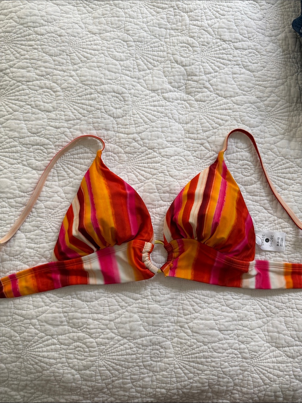 Shade & Shore Striped Ring-Front Bikini Top in Pink, Orange & Yellow